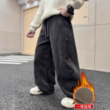 男童加绒裤子新款秋冬款男孩冬季加厚大儿童一体绒运动裤，童装裤子，摩比熊
