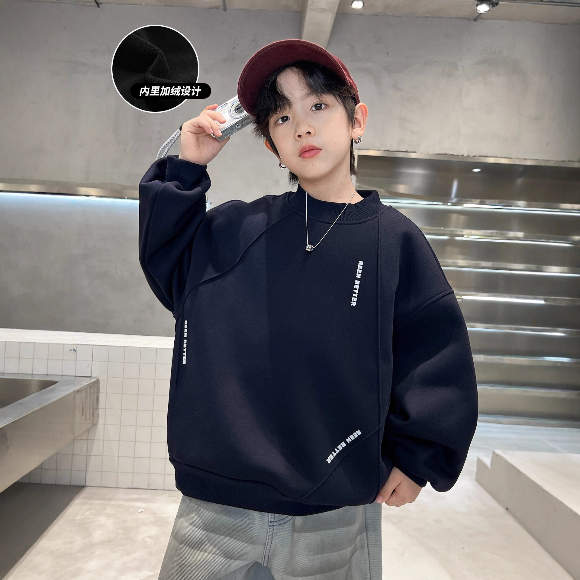 男童加绒卫衣新款中大儿童一体绒上衣加厚内搭冬装韩范潮，童装卫衣/绒衫，摩比熊