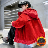 男童夹棉外套秋冬款新款年服冬季加厚羊羔绒儿童装红色毛毛衣，童装外套，摩比熊