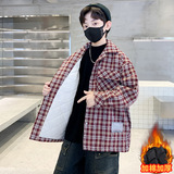 男童秋冬夹棉格子衬衣外套大童新款校服内搭男孩保暖上衣，童装外套，摩比熊