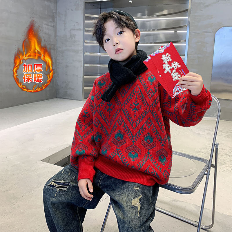 男童冬装菱格提花红色年服毛衣大童冬季加厚保暖针织毛线衣潮，童装毛衣，摩比熊