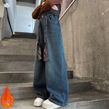 女童秋冬加绒牛仔裤新款百搭阔腿裤中大童纯色直筒裤长裤冬装，童装裤子，摩比熊