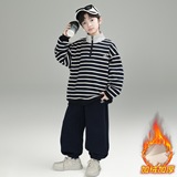 儿童装男童秋冬款加绒条纹卫衣运动套装新品一体绒加厚两件套，童装休闲套装，摩比熊