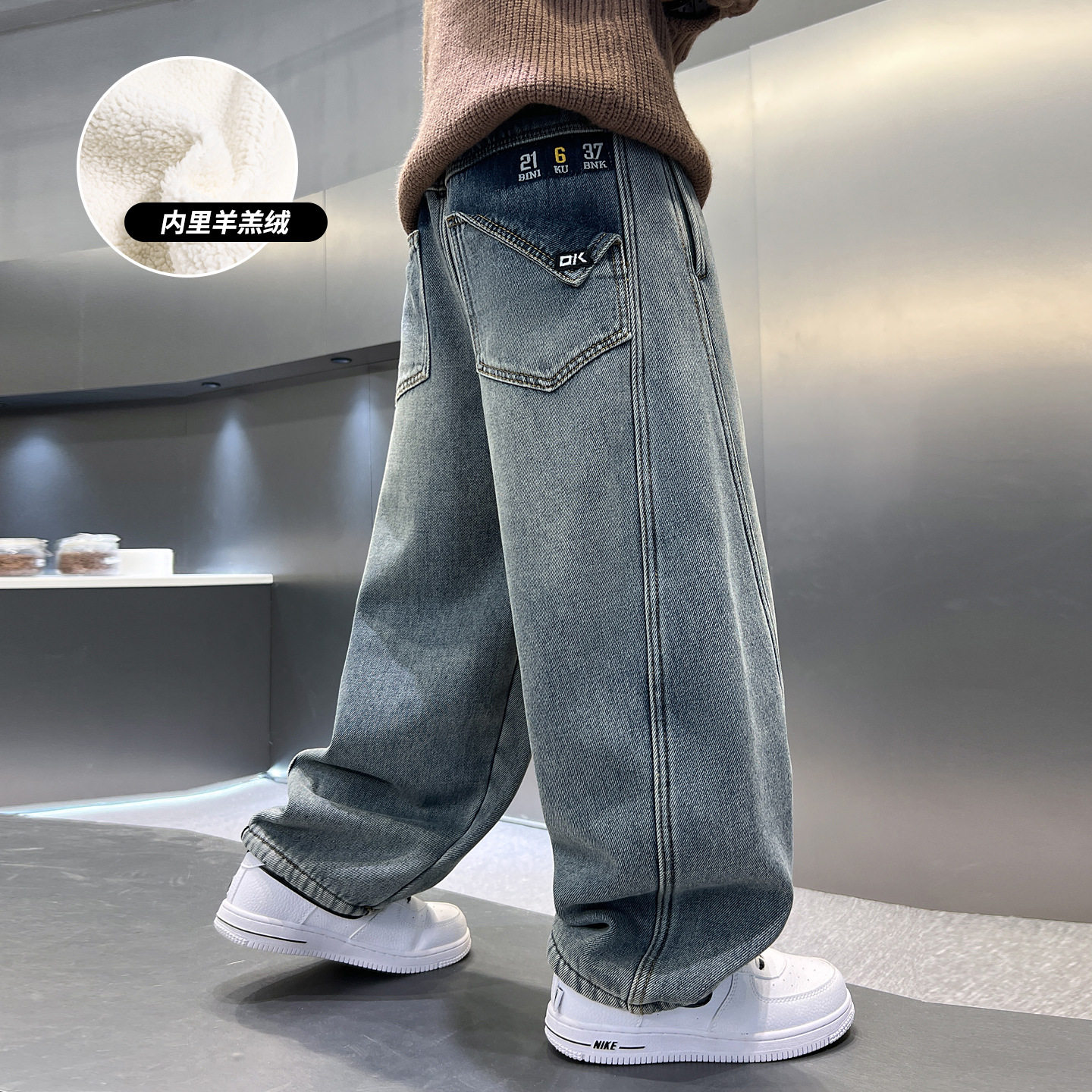 男童加绒牛仔裤新款秋冬一体羊羔绒裤子大儿童加厚冬季长裤潮，童装裤子，摩比熊