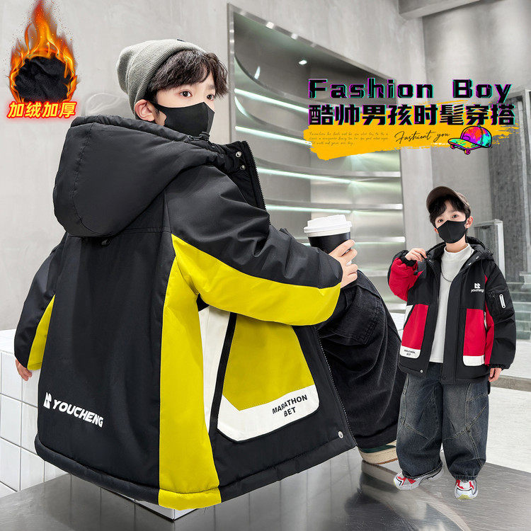 男童加绒棉服外套冬季新款棉衣加厚连帽中大童酷帅男孩派克服，童装棉衣，摩比熊