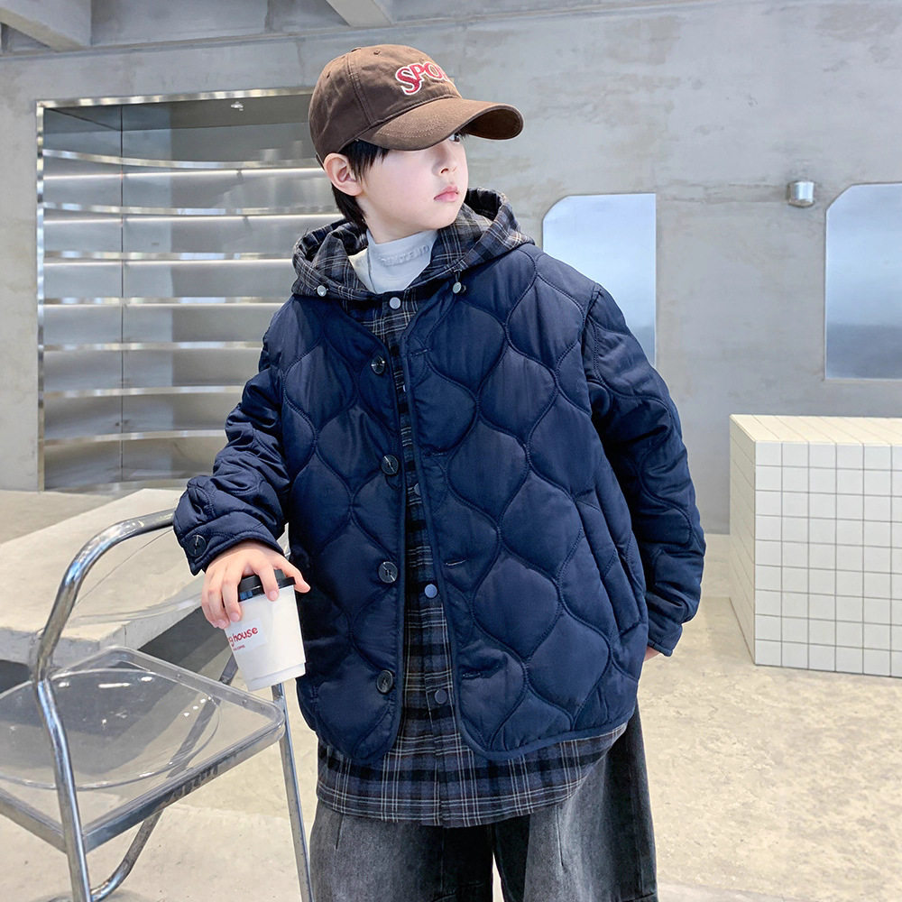 儿童装男童夹棉外套秋冬款新款男孩中大童加厚冬季假两件棉衣，童装外套，摩比熊