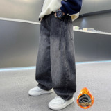 男童加绒直筒裤冬季新款儿童冬装牛仔裤加厚中大童裤子帅气潮，童装裤子，摩比熊