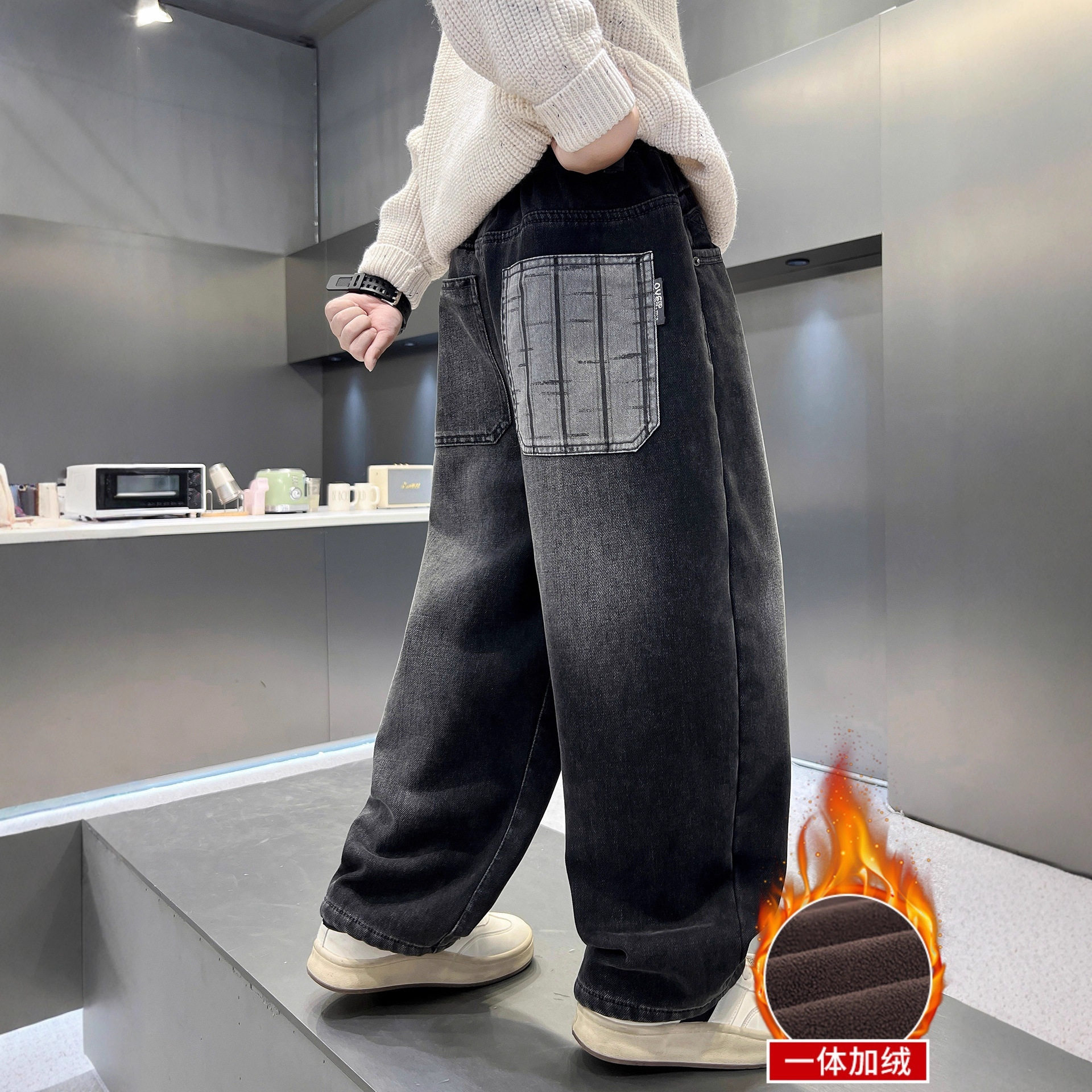 儿童装男童冬装加绒裤子新款男孩加厚牛仔裤中大童秋冬款长裤，童装裤子，摩比熊