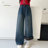 女童年冬季新款工艺侧边卡线加绒牛仔裤女大童加厚直筒阔腿裤，童装裤子，摩比熊