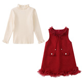 女童连衣裙超好看加绒秋冬款新款大童打底衫拜年服冬季两件套，童装休闲套装，摩比熊