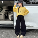 女童年冬季新款小清新十字花刺绣加绒弯刀裤女大童保暖休闲裤，童装裤子，摩比熊