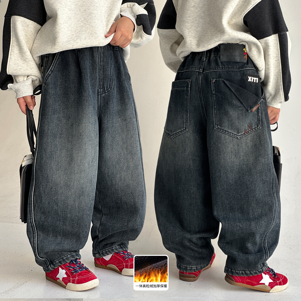 男童牛仔裤秋冬款新款儿童装冬季一体加绒加厚裤子中大童冬装，童装裤子，摩比熊