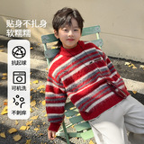 童装男童毛衣冬季新款儿童加厚条纹衣服大童秋冬撞色针织衫潮，童装毛衣，摩比熊