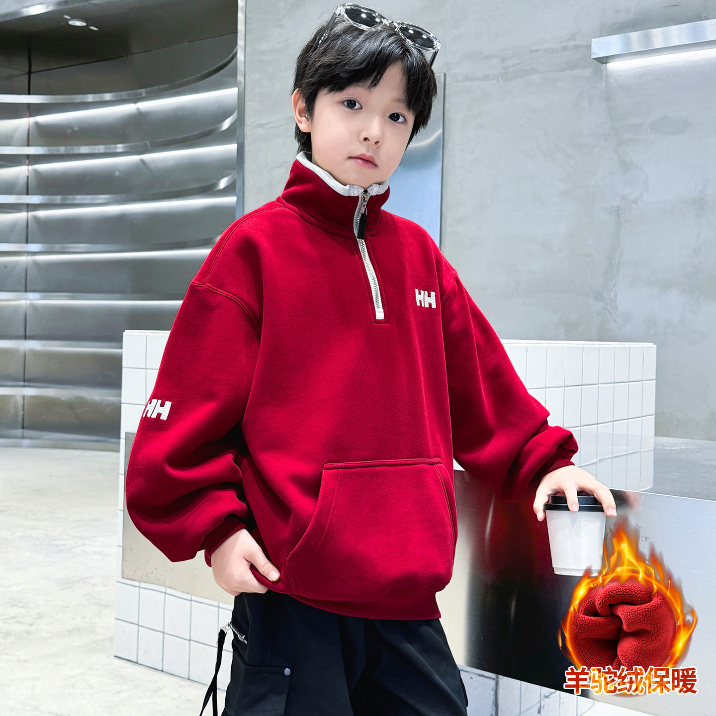 男童红色卫衣款新款儿童本命新年加绒冬季加厚马年拜年服，童装卫衣/绒衫，摩比熊