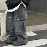 男童时髦深秋款一体绒加厚牛仔裤新款中大儿童男孩工装宽松裤，童装裤子，摩比熊