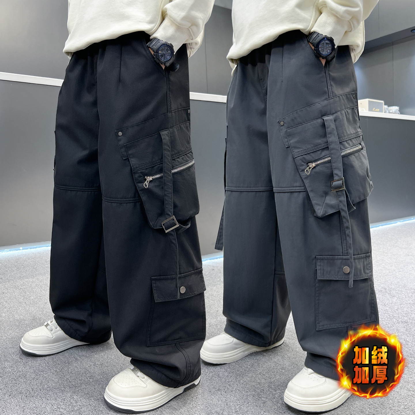 童装男童秋冬款加绒多口工装休闲裤大童冬季一体绒加厚直筒裤，童装裤子，摩比熊