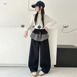 女童年冬季新款拼接格子屁帘加绒休闲女大童洋气阔腿裤潮，童装裤子，摩比熊