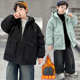 男童冬装中兔毛纯色连帽加绒棉衣大童新品冬季加厚棉服潮，童装棉衣，摩比熊