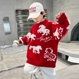 男童冬季加厚红色毛衣新款中大童儿童本命新年马年秋冬拜年服，童装毛衣，摩比熊