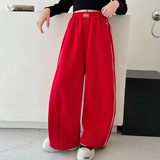 女童一体绒年秋冬新款中大童织带卡绳阔腿裤运动直筒长裤，童装裤子，摩比熊