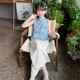 女童夏季洋气套装中大童女孩中式无袖两件套儿童夏装时髦，童装休闲套装，摩比熊