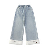 女童加绒牛仔裤新款儿童洋气加厚一体绒保暖窄版阔腿裤冬长裤，童装裤子，摩比熊