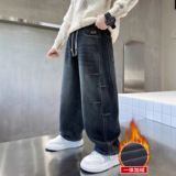 儿童装男童冬季裤子新款中大童保暖秋冬款一体加绒加厚牛仔裤，童装裤子，摩比熊