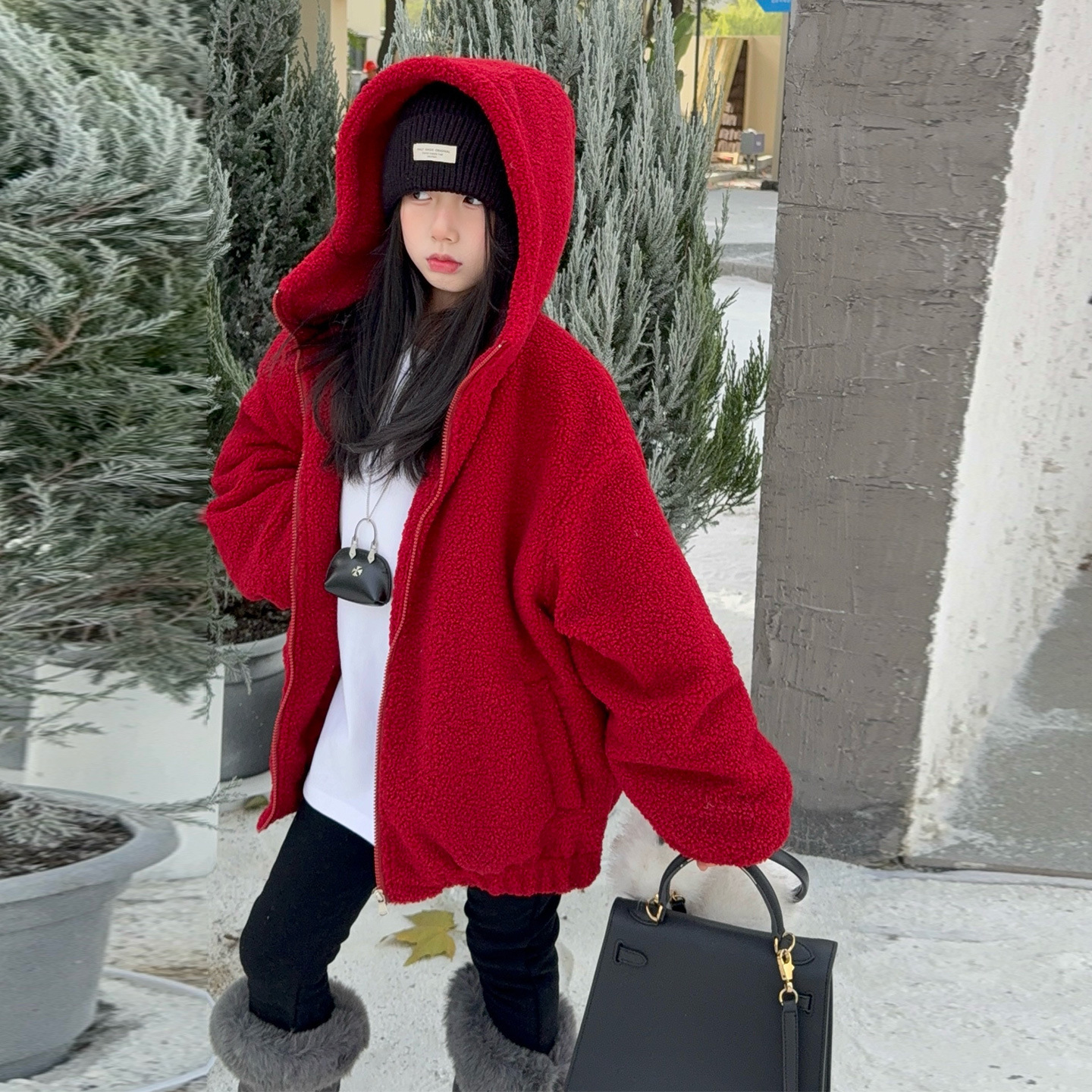 女童冬季加绒毛毛衣外套新款洋气中大童冬装加厚羊羔绒上衣潮，童装外套，摩比熊