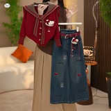 女童秋冬套装新款洋气中大童领针织毛衣卡通牛仔裤套装潮，童装休闲套装，摩比熊