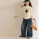 女童年冬季新款前贴口袋复古牛仔裤女大童冬季加绒加厚阔腿裤，童装裤子，摩比熊