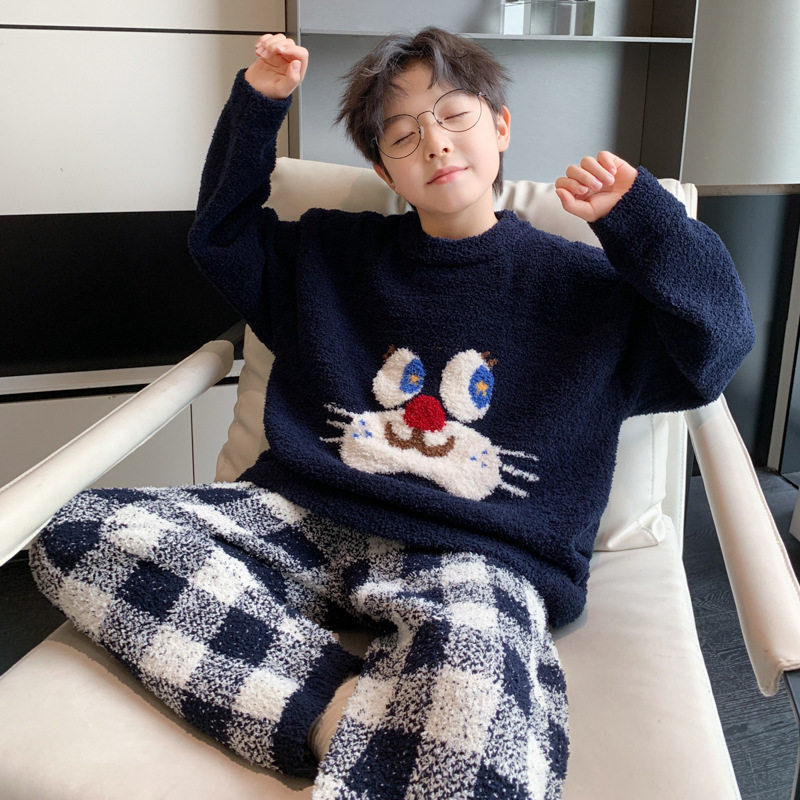 儿童休闲加绒家居服新款秋冬季时髦加厚睡衣两件套冬季套装潮，童装家居服（睡衣），摩比熊