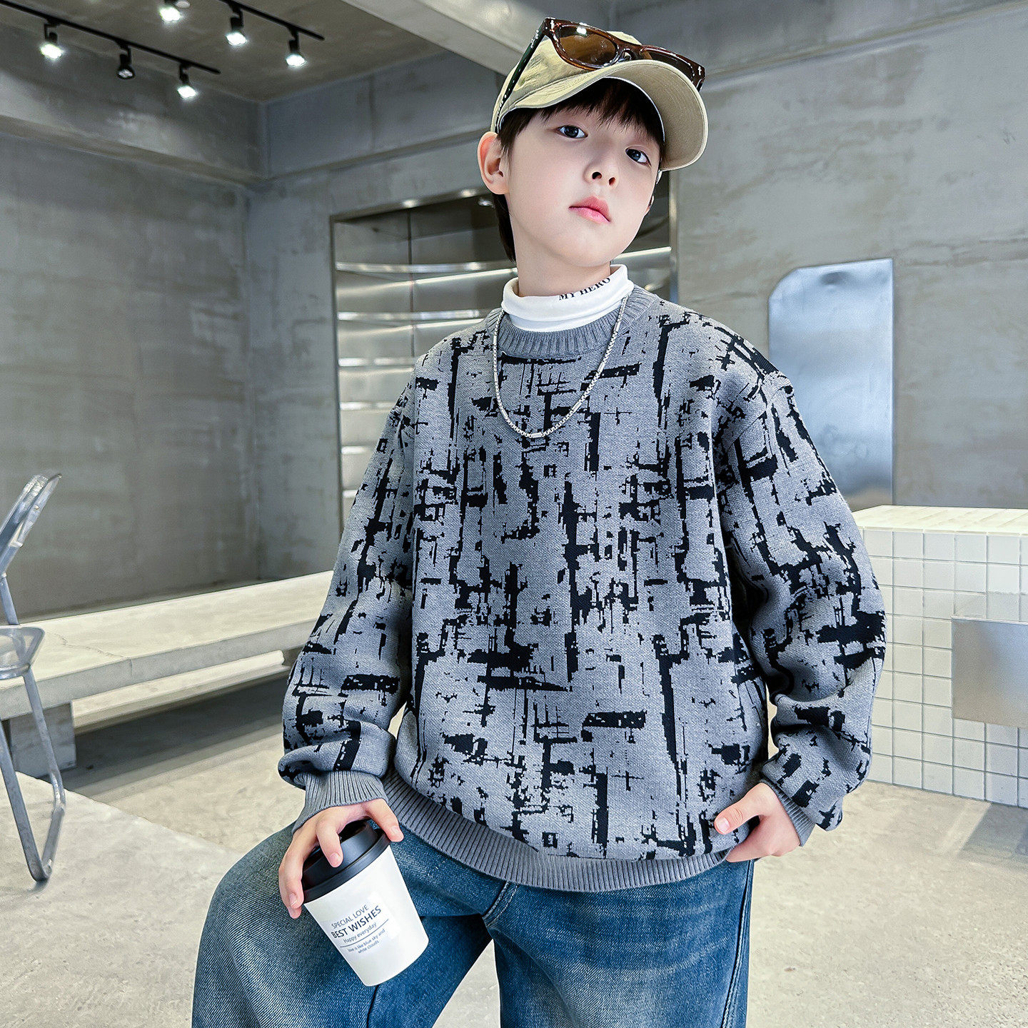 男童毛衣秋冬款新款韩版儿童冬装针织衫潮中大童线衣加厚痞帅，童装毛衣，摩比熊