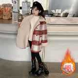 女童毛呢外套中长款秋冬款加厚加绒新款中大儿童格子呢子大衣，童装外套，摩比熊