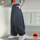 女童格子休闲弯刀裤秋冬新款加绒阔腿裤中大童保暖运动裤，童装裤子，摩比熊
