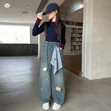 女童加绒牛仔裤年秋冬新款中大童彩色星星阔腿裤玩偶直筒长裤，童装裤子，摩比熊