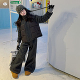 女童年冬季新款拼接格子棉服同系列格子裤套装女大童加绒套装，童装休闲套装，摩比熊