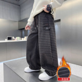 男童加绒裤子一体绒新款中大童长裤加厚儿童格子休闲裤秋冬潮，童装裤子，摩比熊