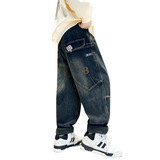 男童冬季一体加绒褶皱牛仔裤新款儿童装加厚保暖裤子，童装裤子，摩比熊