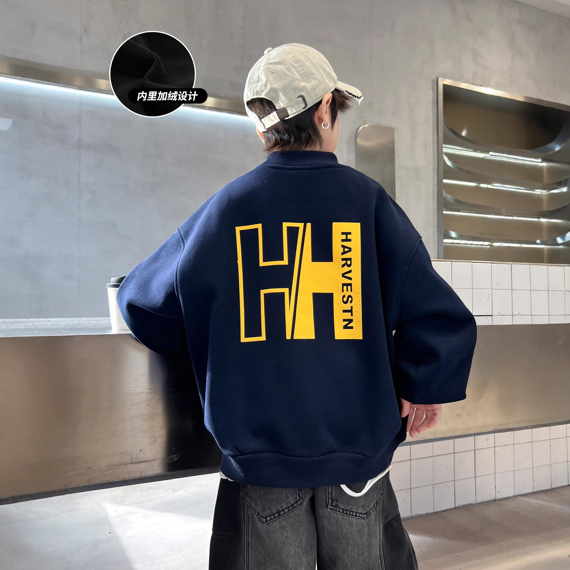 儿童装男童冬季一体加绒卫衣新款中大童款加厚男孩上衣潮，童装卫衣/绒衫，摩比熊