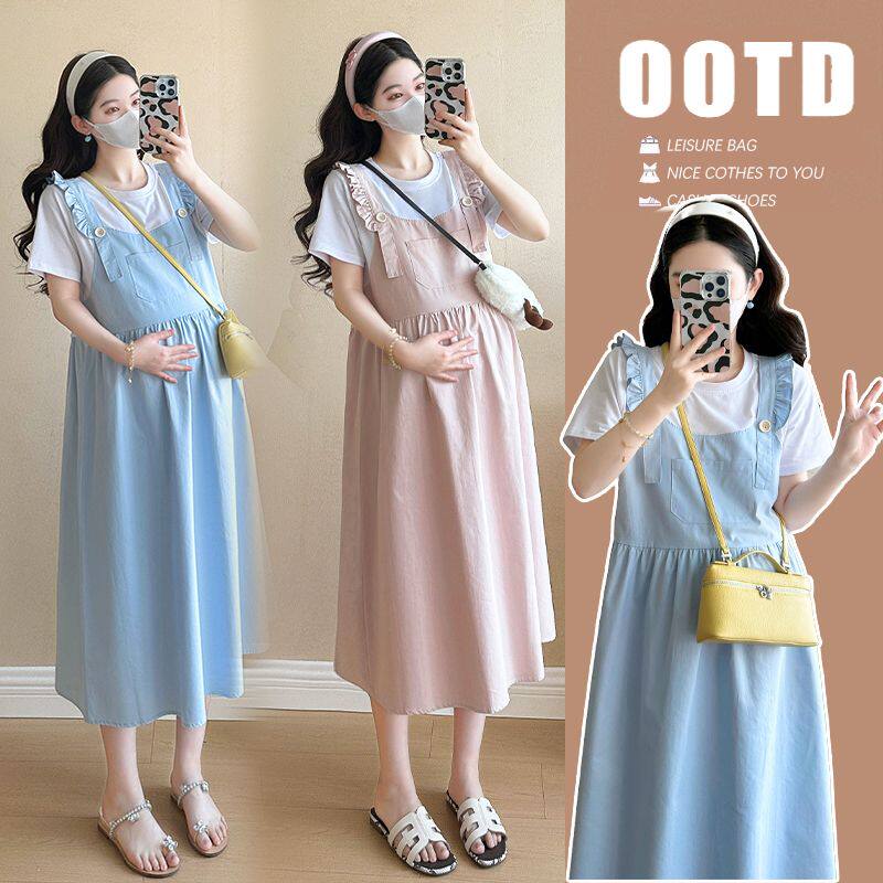 孕妇连衣裙夏季2026新款时尚宽松遮肚拼接纯棉孕妇装假两件背带裙