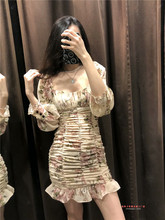 2020夏季新款方领泡泡袖女装宽松褶皱印花长袖连衣裙 07885180668
