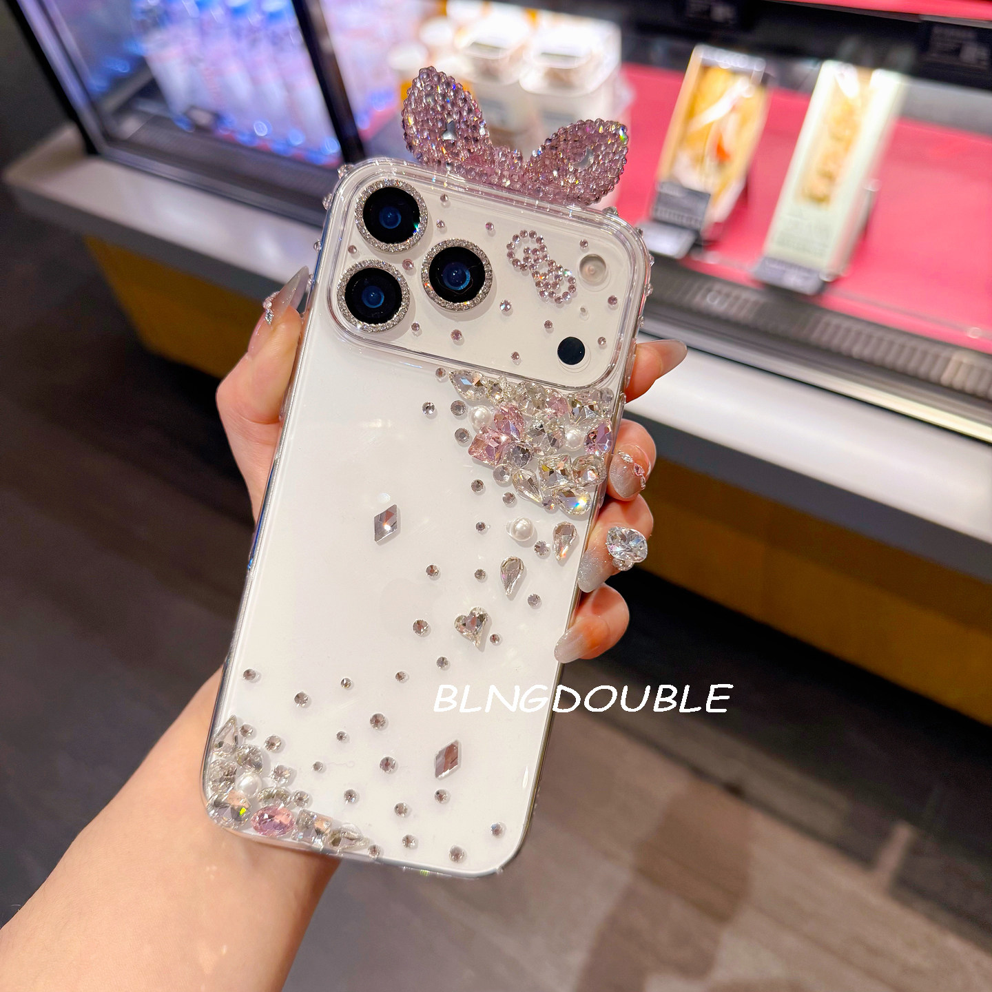 高级粉水晶蝴蝶结轻奢爆闪水钻女