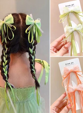 儿童蝴蝶结飘带发夹新年红色头饰女孩道具绿色丝带发卡中国风发饰