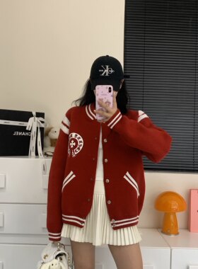 2023冬季新款十字架潮牌美式高街休闲刺绣情侣宽松棒球服毛衣外套