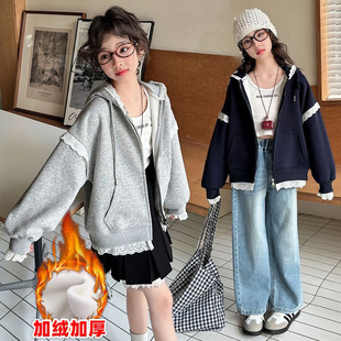 秋冬季女童韩系运动外套2025新款女大童洋气连帽蕾丝卫衣儿童春装
