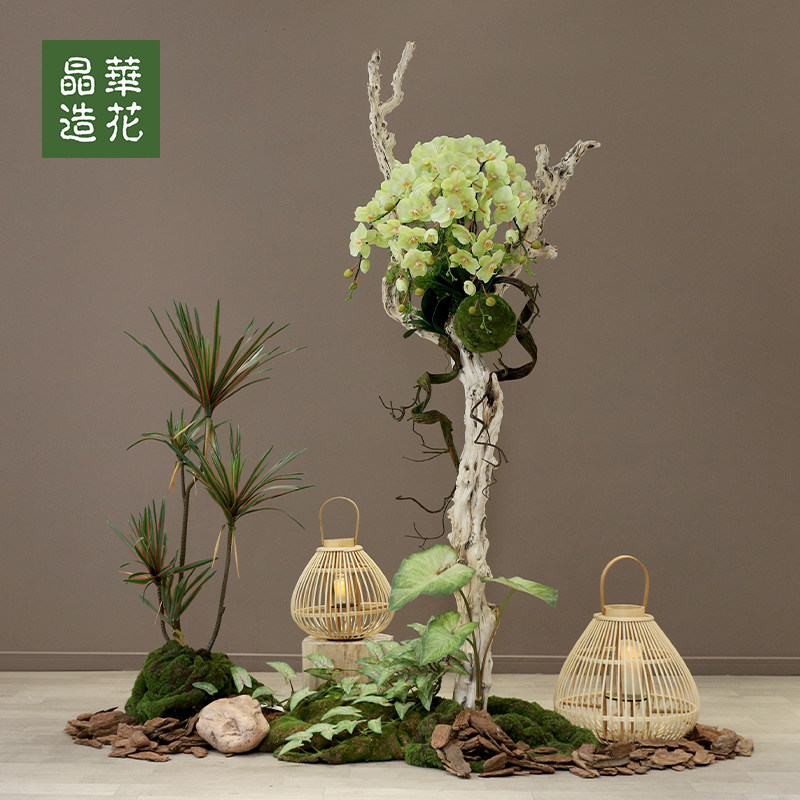 晶华仿真花艺造景假花石榴木落地套装假山景观绣球蝴蝶兰花艺场景图片