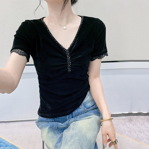 性感V领短袖T恤女2025夏季新款设计感钉珠上衣气质蕾丝拼接小衫潮