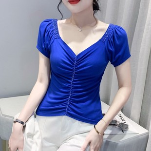 欧货时尚 钉珠短袖 T恤女2024夏季 性感V领上衣设计感女小众洋气小衫