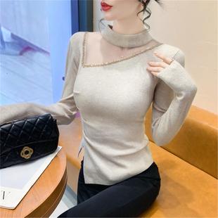 内搭打底上衣 修身 网纱拼接钉钻针织衫 女秋冬设计感不规则上衣长袖