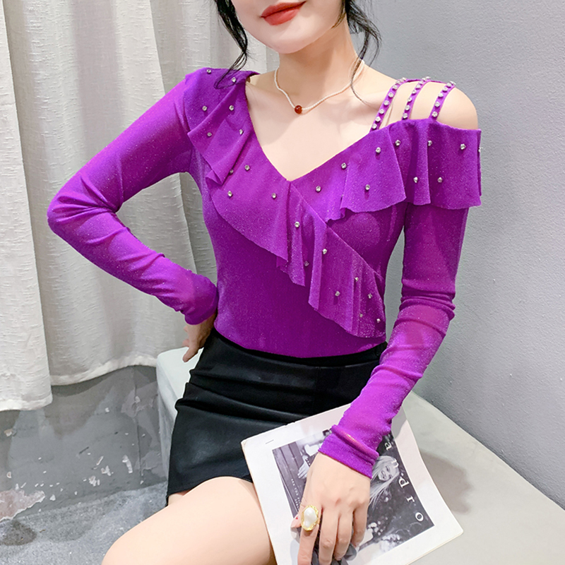 性感V领网纱T恤女长袖欧货设计感荷叶边上衣修身内搭打底衫女秋冬